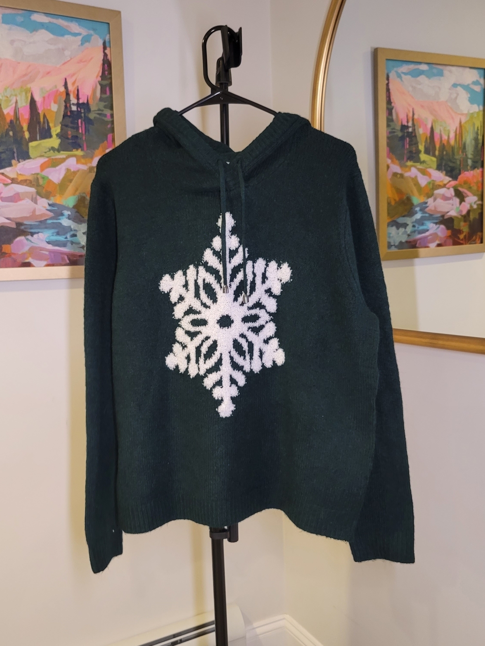 CUPCAKES and CASHMERE Snowflake Graphic Hooded Sweater Green Women's Size XL